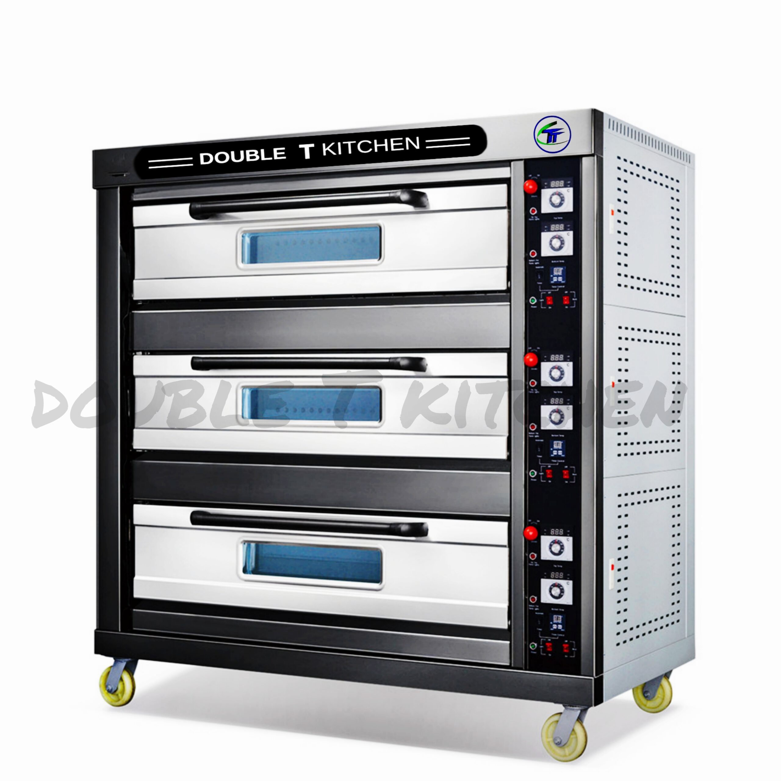 All gas ovens have the main burner on the bottom of the oven compartment, usually shielded by a sheet of metal with large vents on the sides. This main burner provides very intense radiant heat upwards into the main oven compartment.