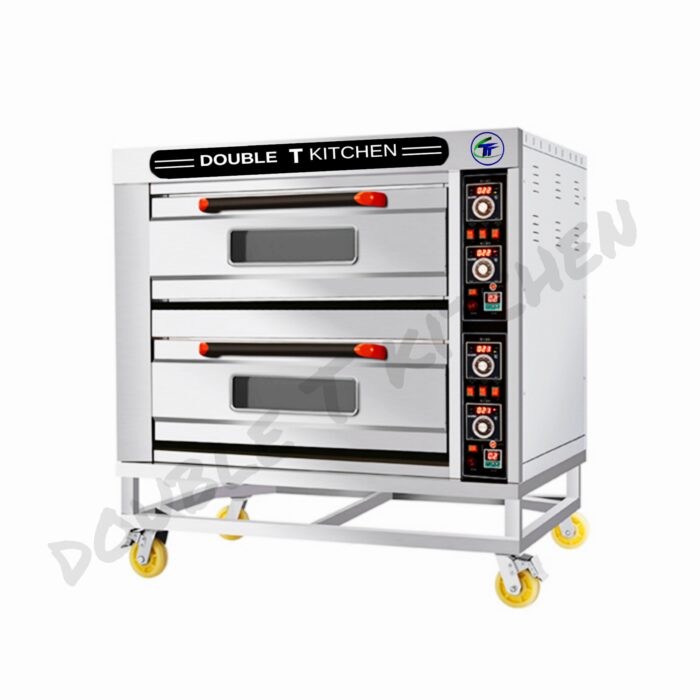 These series gas oven is a machine improved after several experiments, use and developements. It has the characteristics of provincial electricity, no increase capacity, heut, high efficiency and safety. The product adopts advanced LCD digital display electronic matic temperature control and timer tuming control. To ensure the complete combustion of gus, the oven immer is designed with compartmentalized luck channel, Advanced constant closed automatic solenoid valve, anti-leakage ignition alarm device to ensure the safety of the use of the product. Inner with light, and the oven door is visible, so the operator can see all inside clearly, Gas oven can be convenient and quick baking excellent incense and taste, excellent flavor of pastry broad, is your ideal choice. This series oven is manufactured according to the standard of Q (GZ) BYHT1-2003 1. Performance characteristics 1.1 There are three types of ovens for option: one layer, two layers and three layers. Each deck is independent control, can be used at the same time, also can be used individually. 1.2 The upper and bottom fire are controlled separately of each layer. 1.3 The temperature range inside the oven is from 20 C to 400 C 1.4 The oven is with timing temperature control 2. Installation and precautions 2.1 Oven installation and commissioning, must be carried out by professionals.